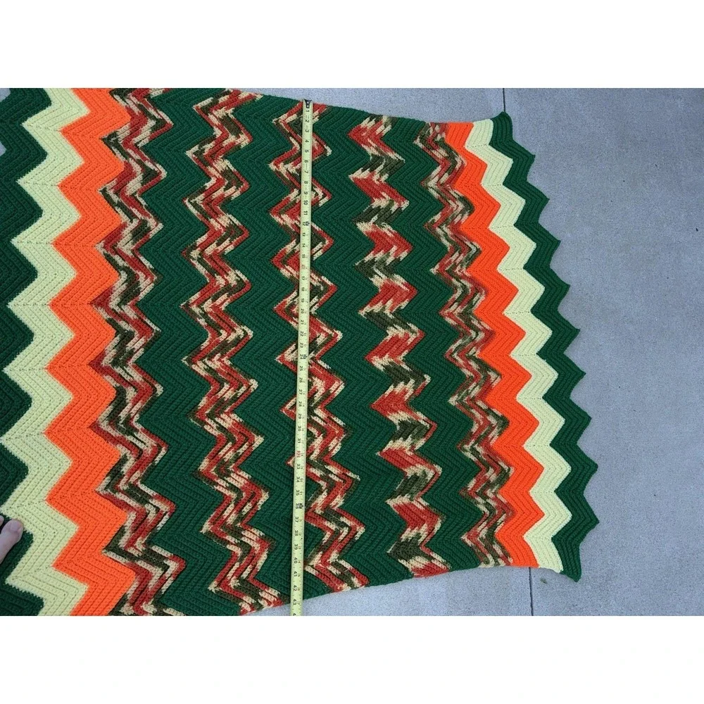 Vintage Handmade Crochet Afghan Blanket Green Orange Yellow Chevron Ripple 54x42